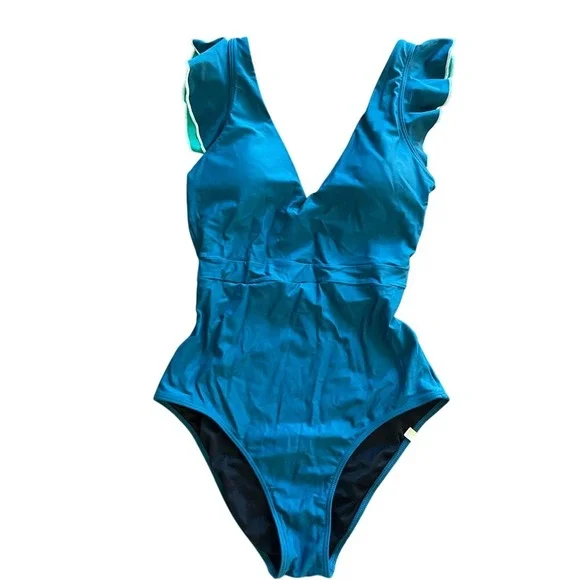 Summersalt The Ruffle Backflip One Piece Swimsuit Teal Blue Green Womens 4LT - Picture 2 of 5